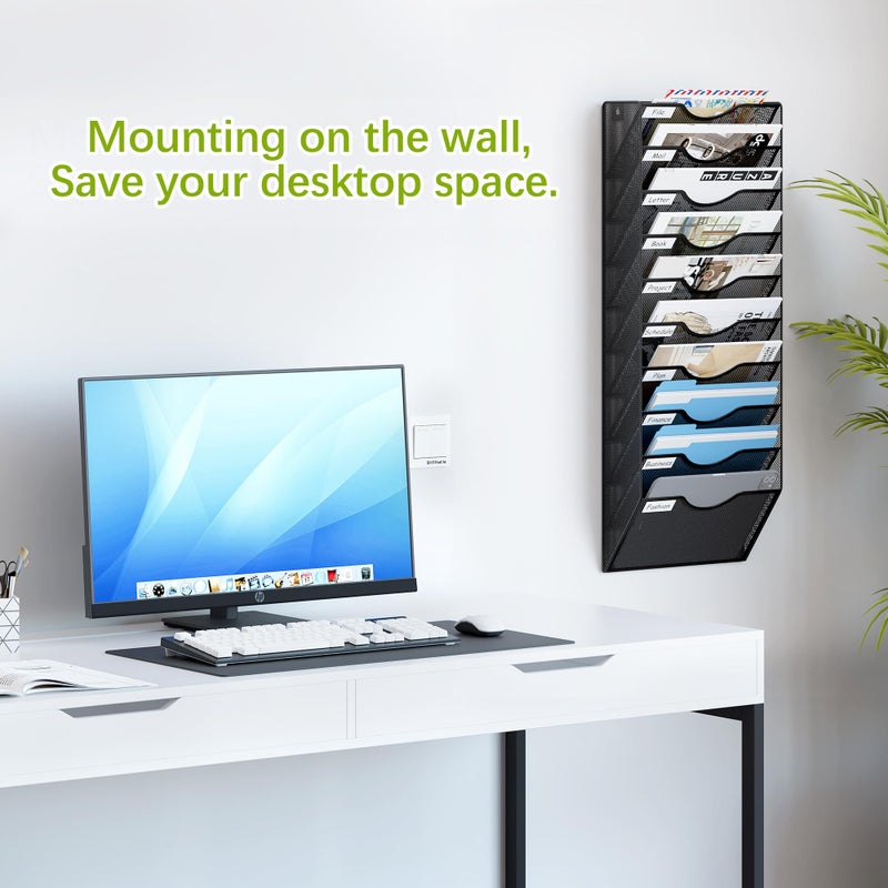 EasyPAG 10 Pocket Mesh Wall File Organizer, Hanging Paper Folder Holder with Classify Label, Vertical Wall Mount Mail Organizer for Office Home Classroom, Black - Image 2